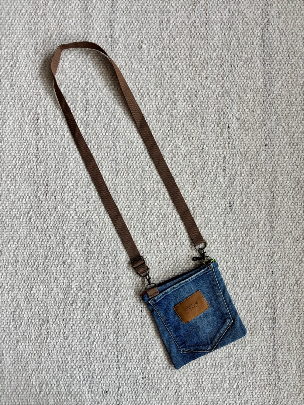 Upcycled Handmade Denim Crossbody Shoulder Bag Purse with Brown Strap